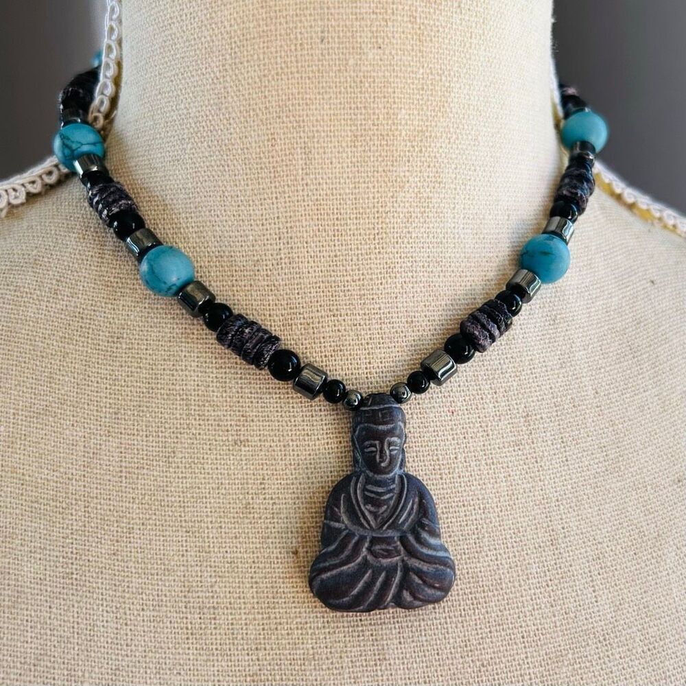 Buddha Beaded Black Puka Hematite Turquoise Howlite Unisex Choker Necklace